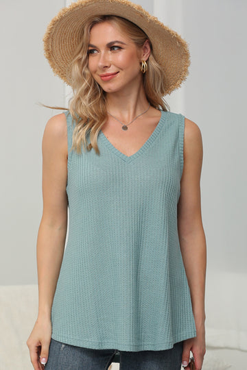 Waffle Knit V Neck Tank Tops Summer Casual Sleeveless Shirts Loose Blouses